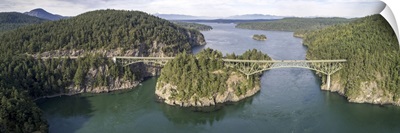 Aerial Panorama Of Deception Pass Bridge In Washington State