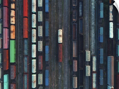 Aerial View Of Colorful Freight Trains On The Railway Station