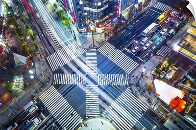 Aerial View Of Panoramic Urban City With Crosstown Traffic In Ginza, Tokyo, Japan