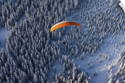 Aerial View Of Paramotor Flying Over The Forest In Winter, Poland