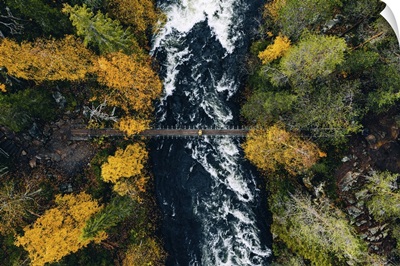 Aerial View Of River With Bridge In Autumn Forest, Lapland, Finland
