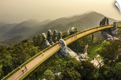 Aerial View Of The Golden Bridge Lifted By Two Giant Hands, Ba Na Hill, Da Nang, Vietnam