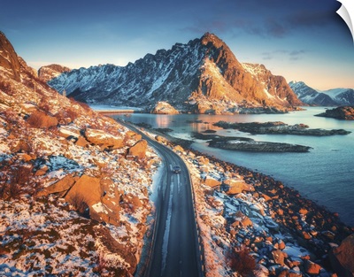 Aerial View Of The Sea, Mountains, And Purple Sky At Sunset, Lofoten Islands, Norway