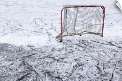 An ice hockey net on an outdoor pond rink