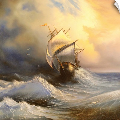 Ancient sailing vessel in stormy sea