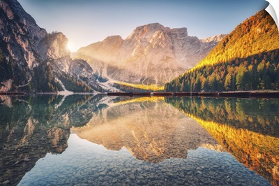 Beautiful Braies Lake At Sunrise In Autumn In Dolomites, Italy