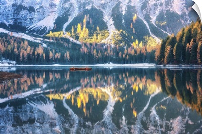 Braies Lake With Beautiful Reflection In Water At Sunrise In Autumn, Dolomites, Italy