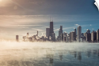 Chicago Downtown With Winter Fog On Lake Michigan, Arctic Polar Vortex