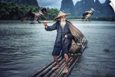 Cormorant Fisherman Showing His Birds On Li River Near Xingping, Guangxi Province, China