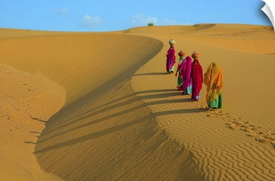 Indian Women Carrying Jugs Of Water In Desert, Jaisalmer, Rajasthan, India