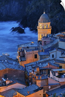 Landmark Church Bell Tower And Buildings At Night In Vernazza, Cinque Terre, Italy