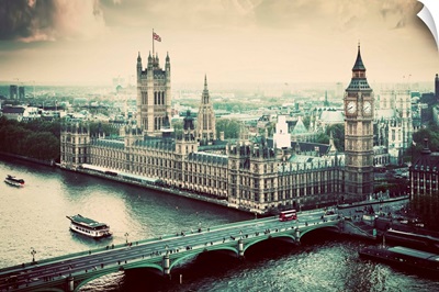 London, Big Ben, the Palace of Westminster in vintage, retro style