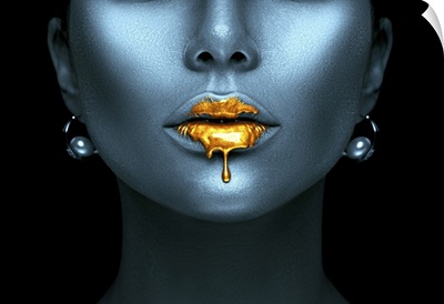 Model With Gold Paint Dripping From Her Lips