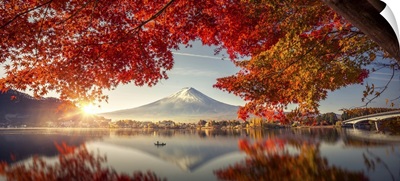 Mountain Fuji With Morning Fog And Red Leaves At Lake Kawaguchiko