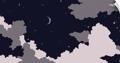 Night Sky And Clouds With Moon And Stars, Pixel Art