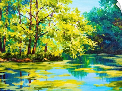 Oil painting of a lake in a forest