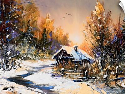 Oil painting of rural winter landscape