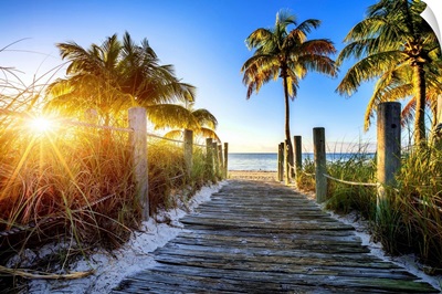 Old wooden walkway to a tropical beach, Key West