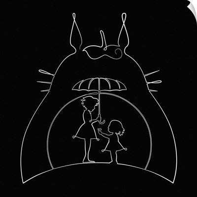 One Line Art, Totoro Mei And Satsuki Under Umbrella