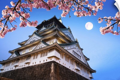 Osaka Castle With Cherry Blossoms And Moon, Japan
