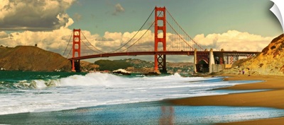 Panoramic view on Golden Gate bridge as seen from Baker Beach in San Francisco