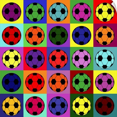 Pop art stylized grid of multi-colored soccer balls
