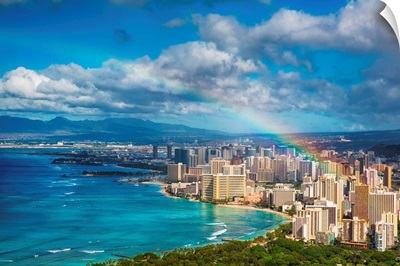 Rainbow over Honolulu, Hawaii skyline.
