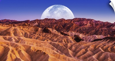 Sandstones Landscape And The Moon, Death Valley National Park Badlands, California