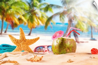 Summer coconut cocktail on tropical beach