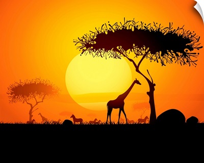 Sunset in Africa, with Silhouetted Animals and Trees