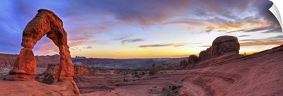 Sunset Panoramic View Of Famous Delicate Arch In Arches National Park In Moab, Utah