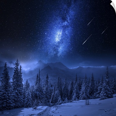 Tatras Mountains In Winter At Night With Falling Stars, Poland