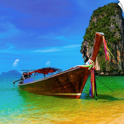Tropical Beach in the Summer, Thailand, with Traditional Long-tail Boat