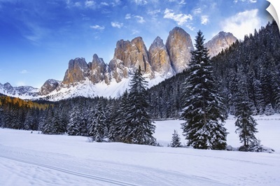 Winter Views Of The Geisler Mountain Peaks In The Val Di Funes, Italy