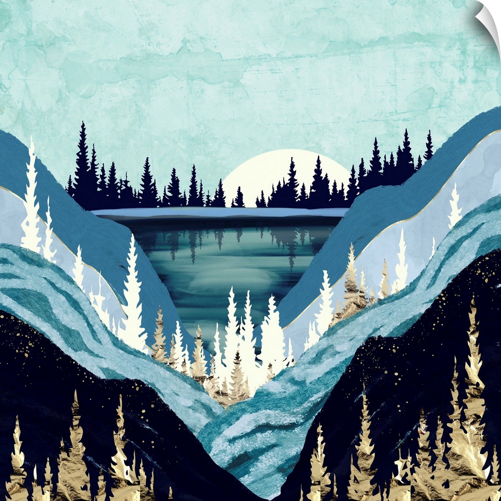 Abstract landscape of a blue forest lake with gold, teal, mountains and indigo.