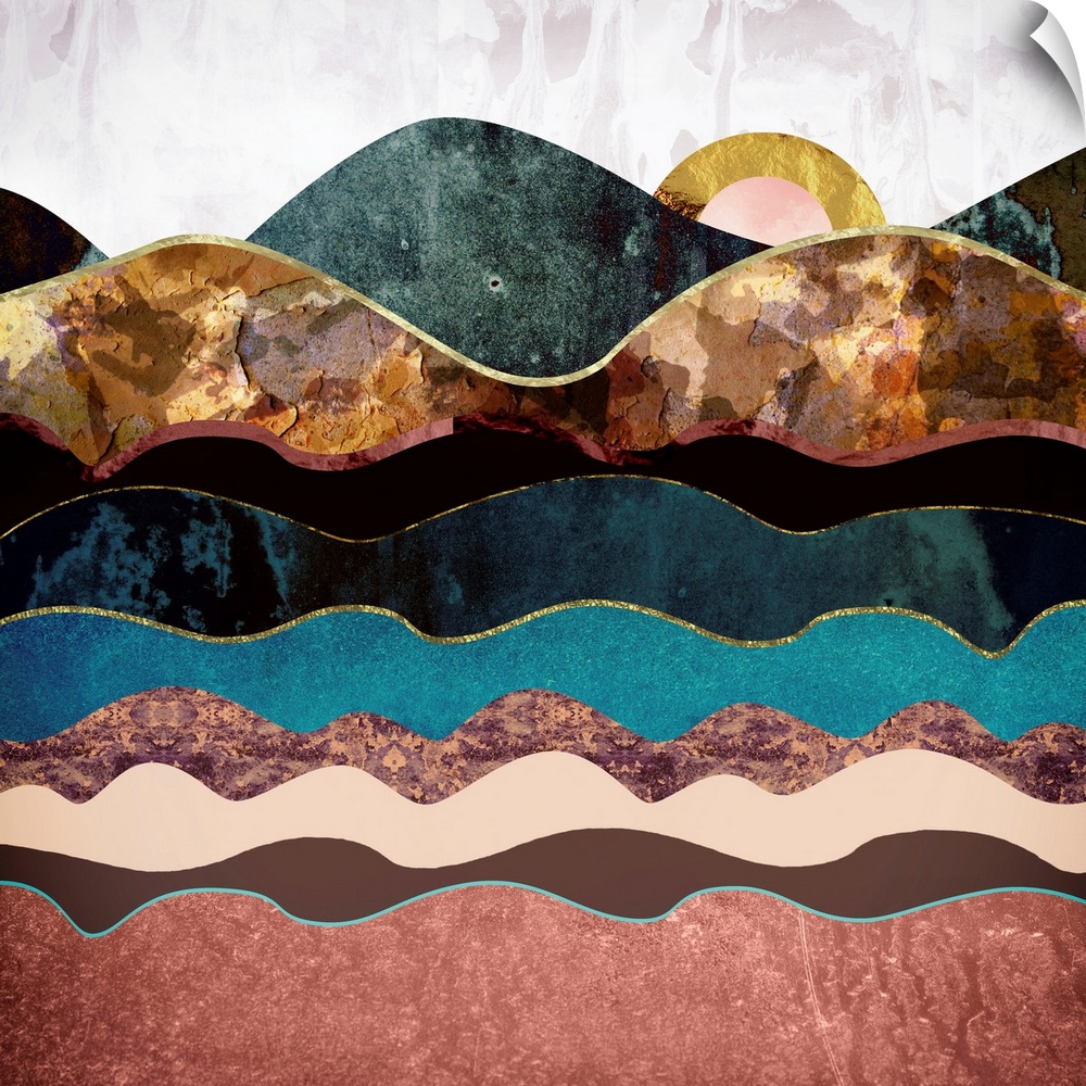 Abstract depiction of a landscape with rolling hills, texture and teal.