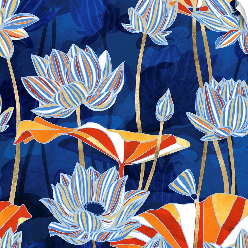 Abstract floral design with blue, cobalt, red, orange, white and gold.