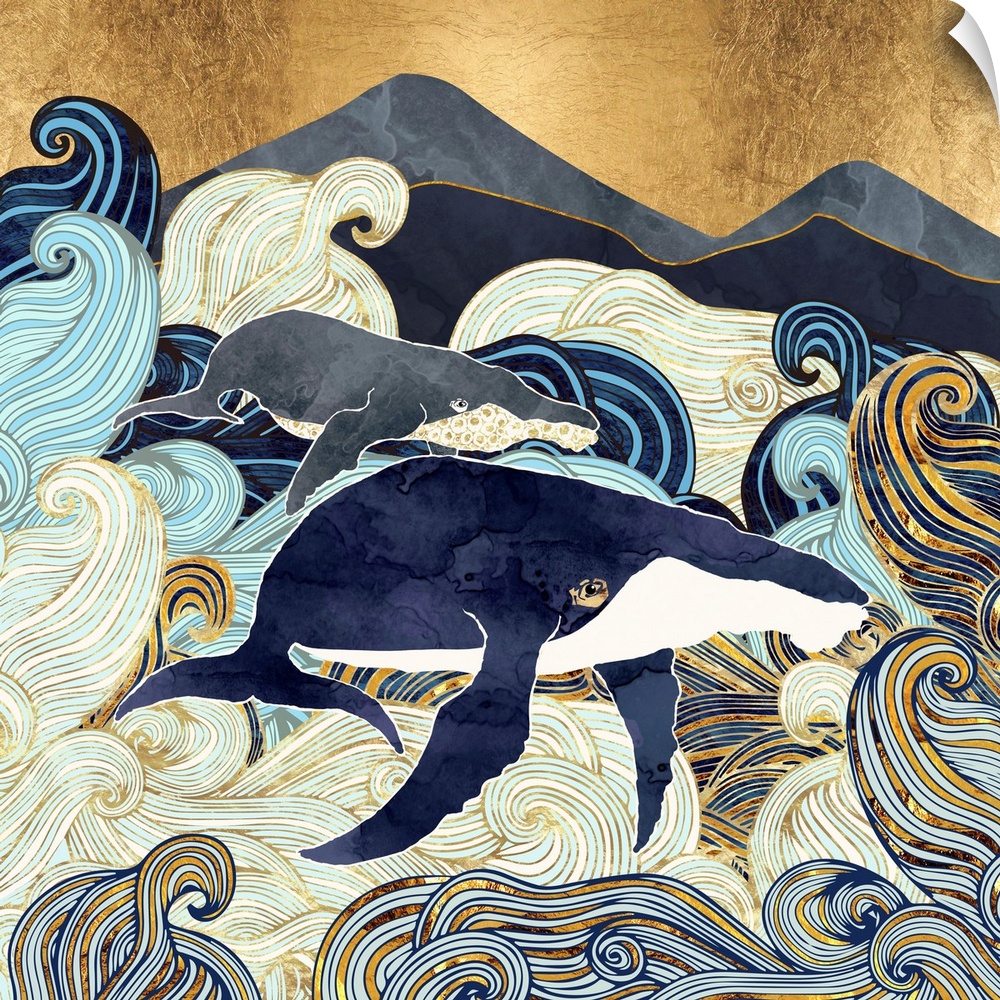Abstract depiction of whales, waves, mountains, gold, blue and white.
