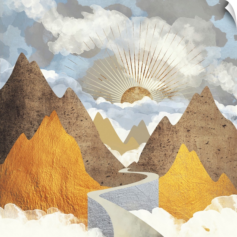 Abstract depiction of a valley vista landscape with mountains and gold.