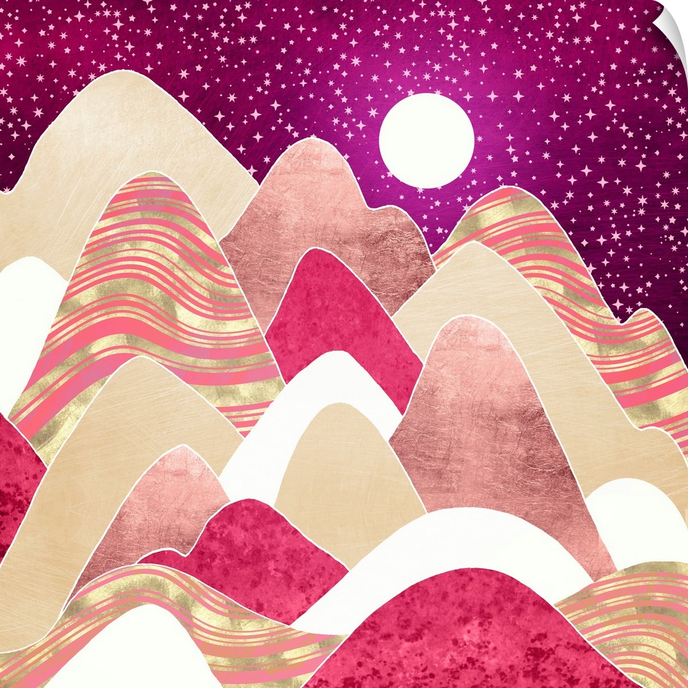 Abstract depiction of hills with pink, gold, magenta, stars and moon.