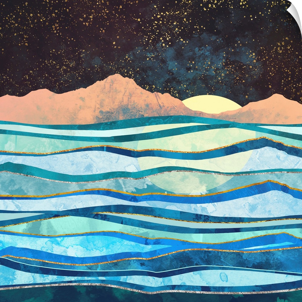 Abstract depiction of a seascape with waves, mountains and stars.