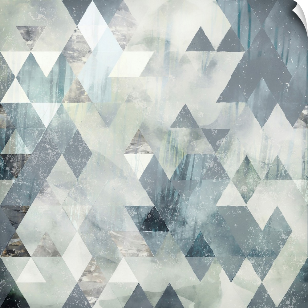 Abstract geometric design with triangles, grey, ivory and blue.