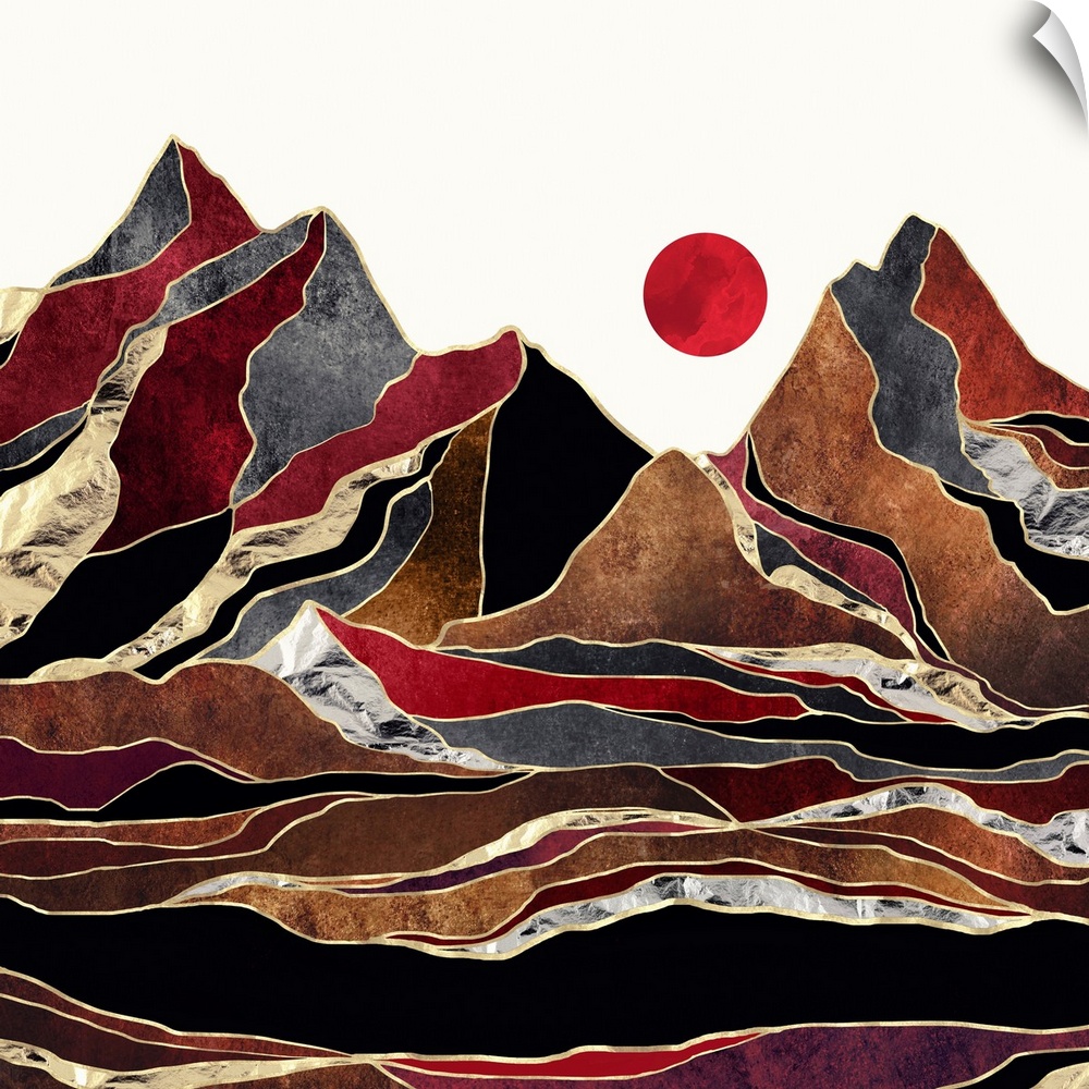 Abstract depiction of a landscape with brown, copper, gold and crimson.