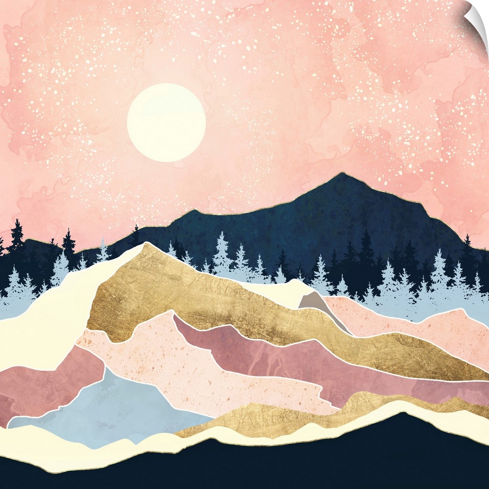Abstract depiction of a landscape with mountains, gold, trees, blue, coral and pink.