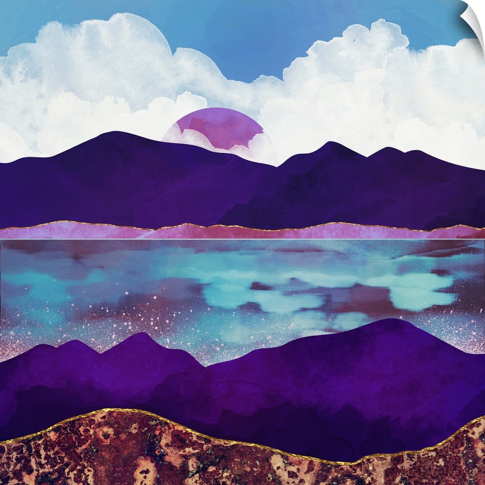 Abstract depiction of a landscape with mountains, sea, purple, blue and clouds.