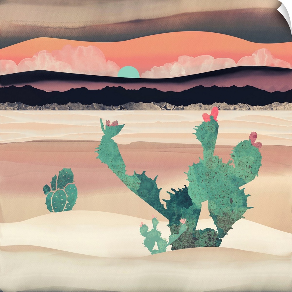 Abstract depiction of a desert dawn with cactus, dunes, mountains and pink.