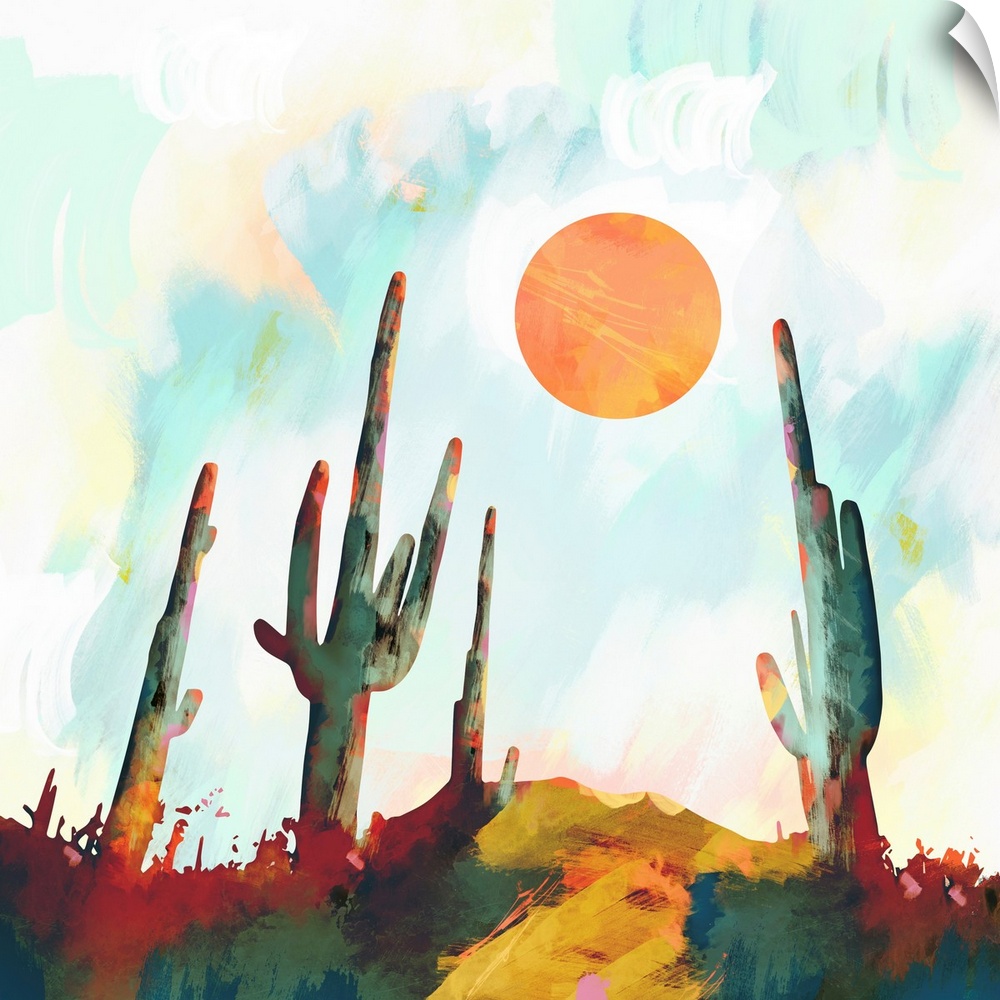 Abstract depiction of a desert landscape with cactus, sun, blue and orange.
