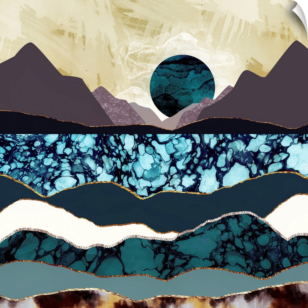 Abstract depiction of a desert lake landscape with mountains, blue, mauve and gold.