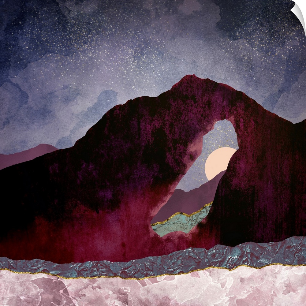 Abstract depiction of a desert perspective landscape with purple, mauve and pink.