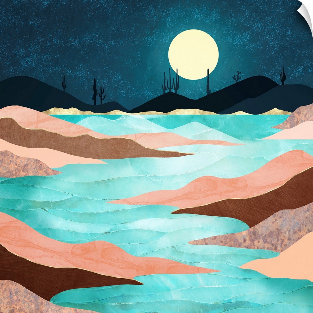Abstract desert reservoir landscape with stars, cacti, mountains, gold, brown, pink and water.